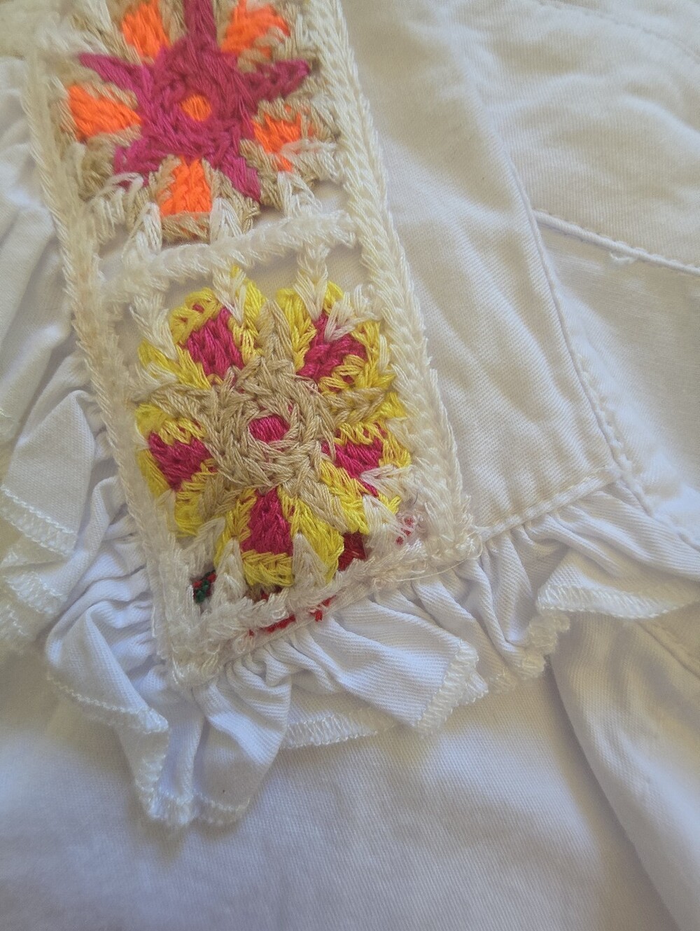 POL White Cotton Crochet Granny Square Collar Button Front Shirt M Boho - Picture 4 of 6